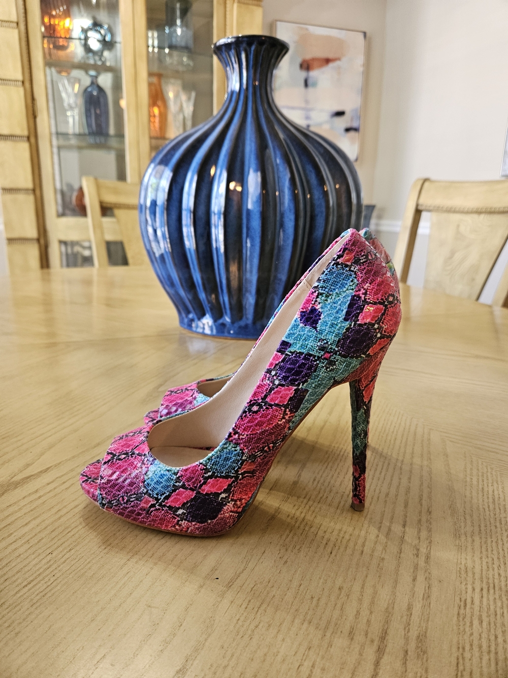 Zigi Soho Pink Teal Snake-Print Peep-Toe Stiletto Heels